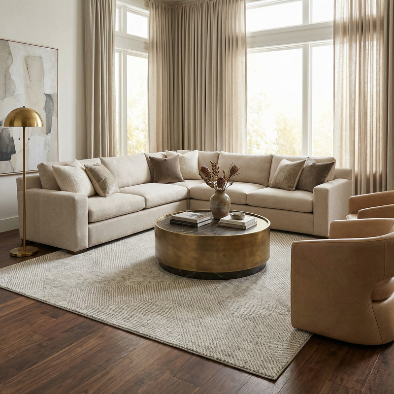 Horsley Area Rug by Boutique Rugs featuring a detailed geometric pattern in neutral tones on a plush fabric surface