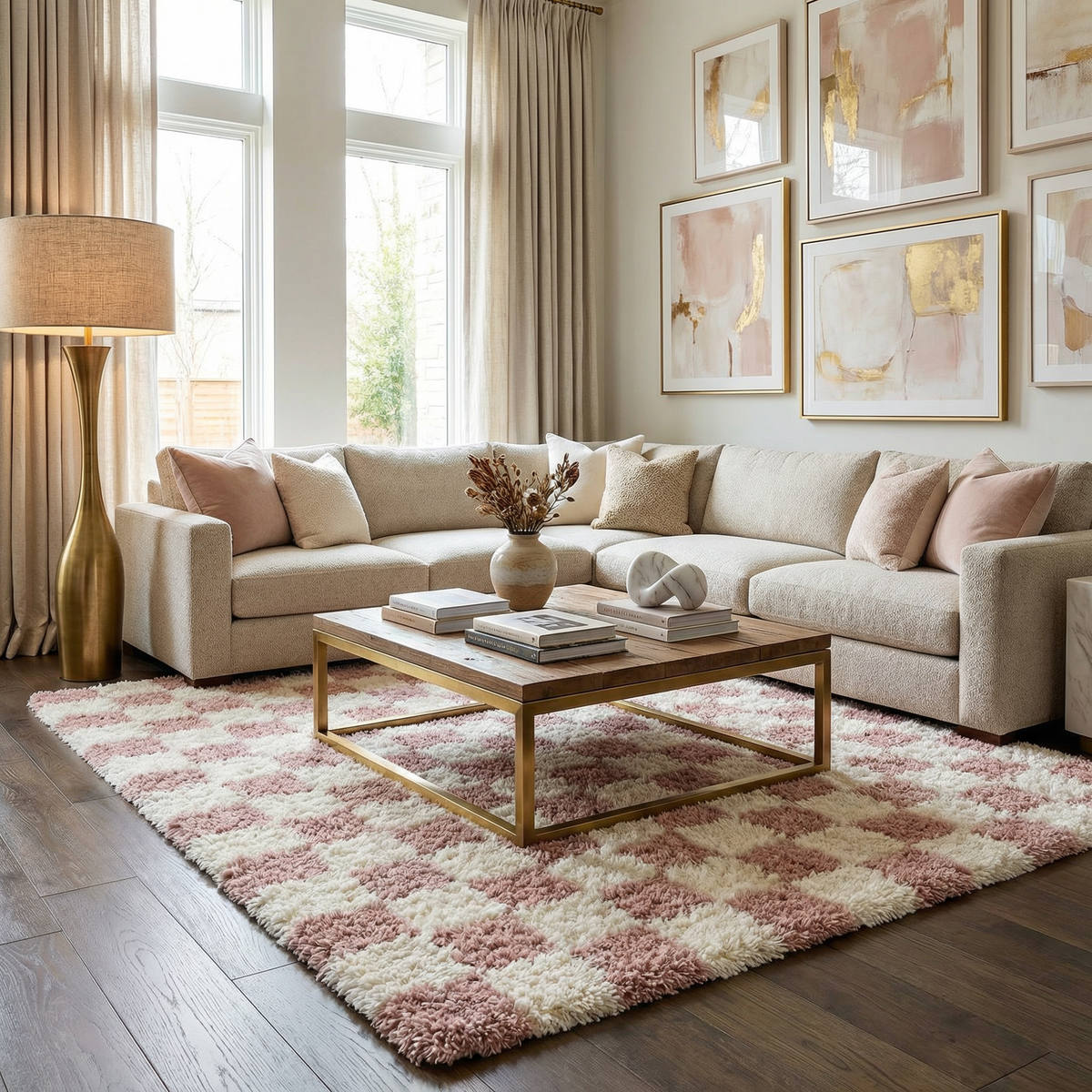 Pink checkered shag rug by Boutique Rugs, featuring soft, plush fibers and a cozy, textured surface for stylish home decor.