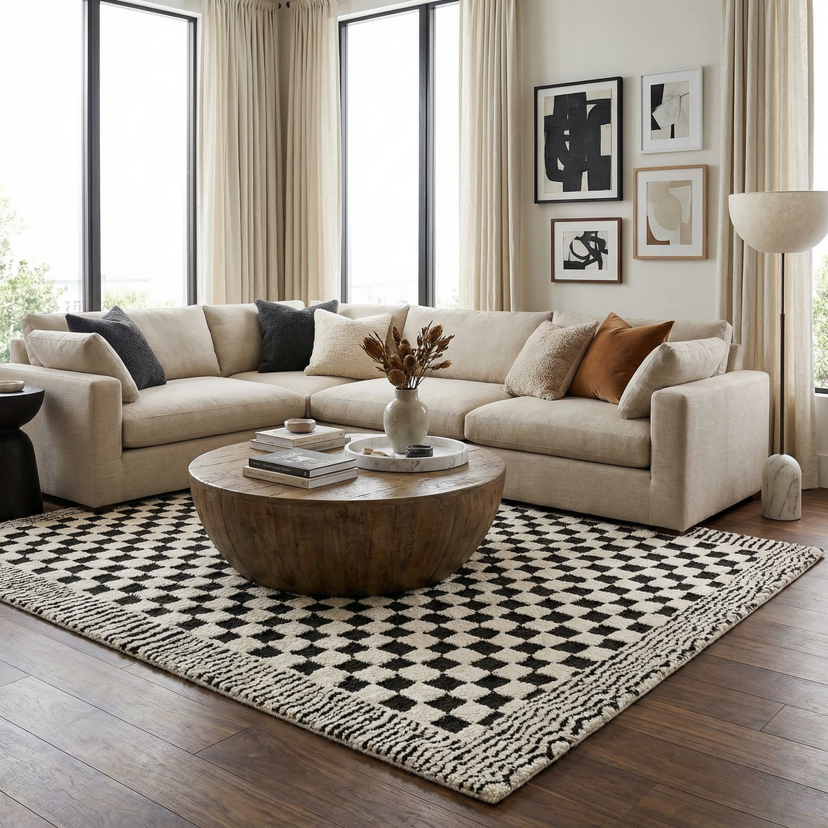 Black and white checkered area rug by Boutique Rugs, featuring a geometric pattern and soft woven texture.