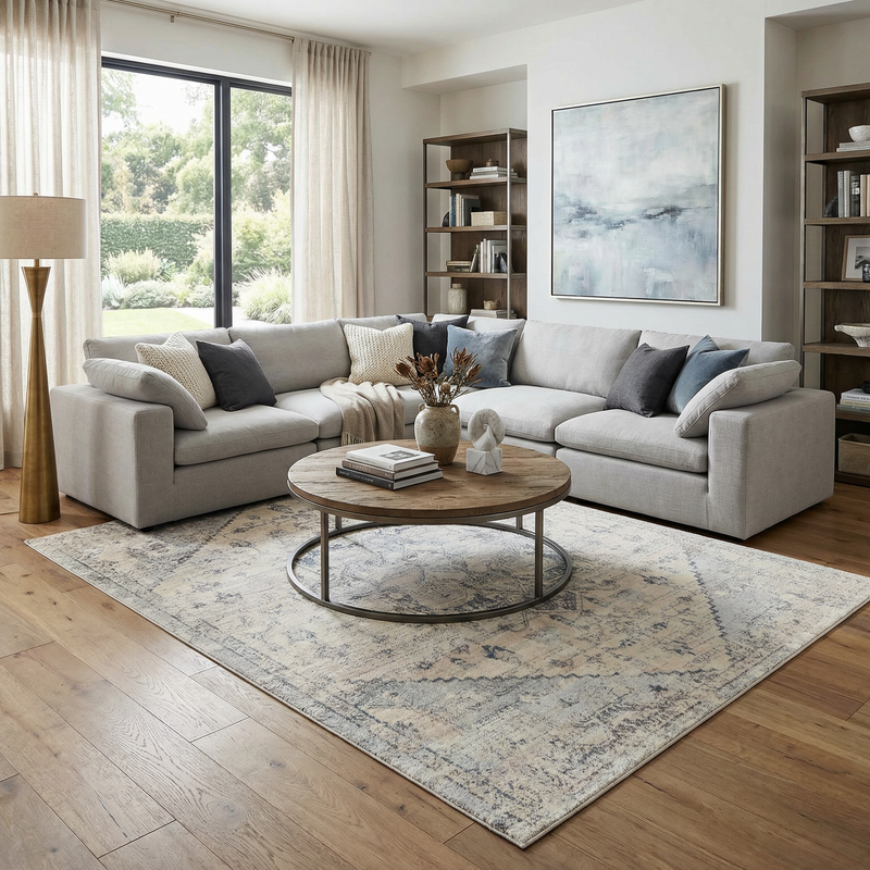 Orrick area rug by Boutique Rugs featuring a stylish geometric pattern in neutral tones on a wooden floor.