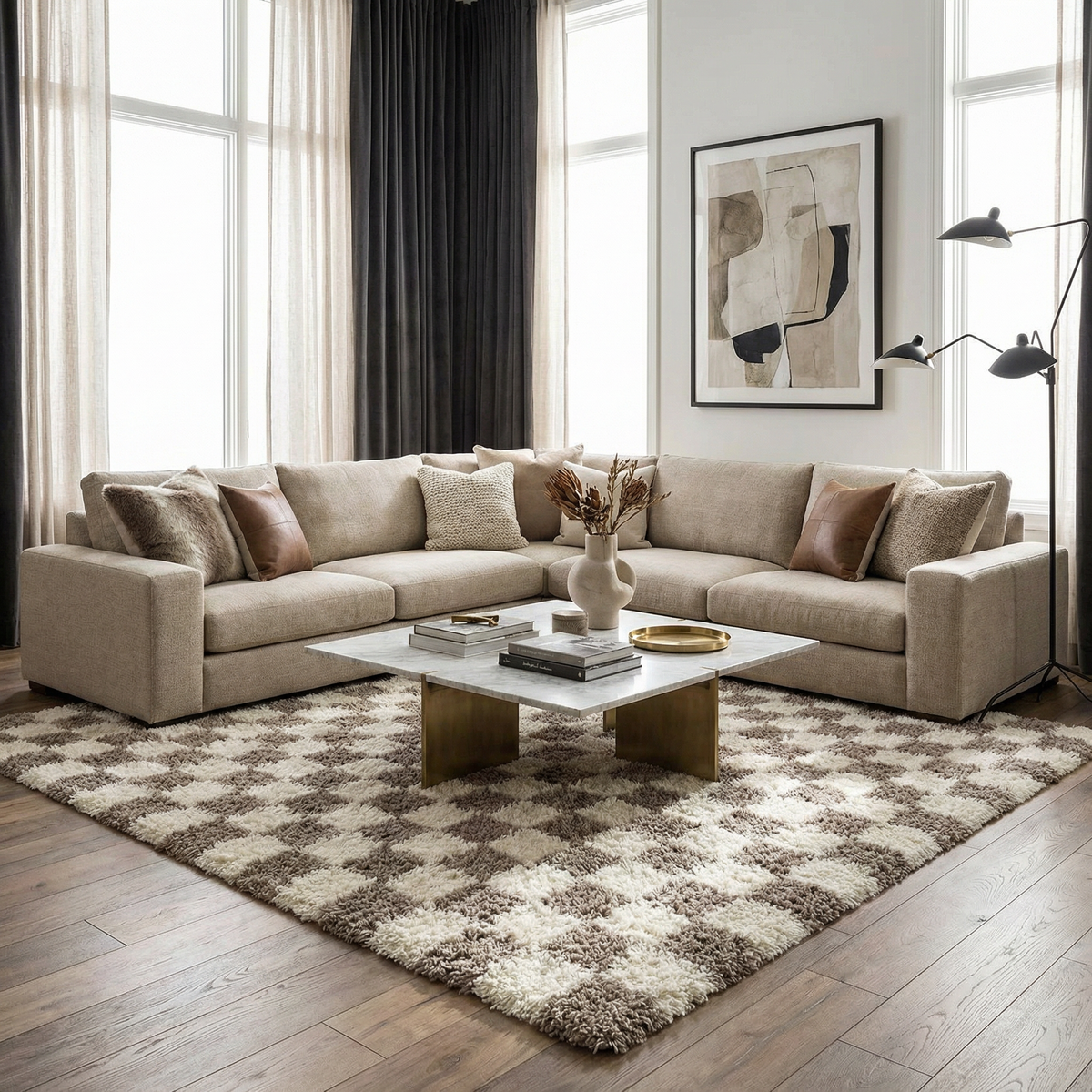 Brown checkered area rug from Boutique Rugs featuring a stylish geometric pattern and soft texture.