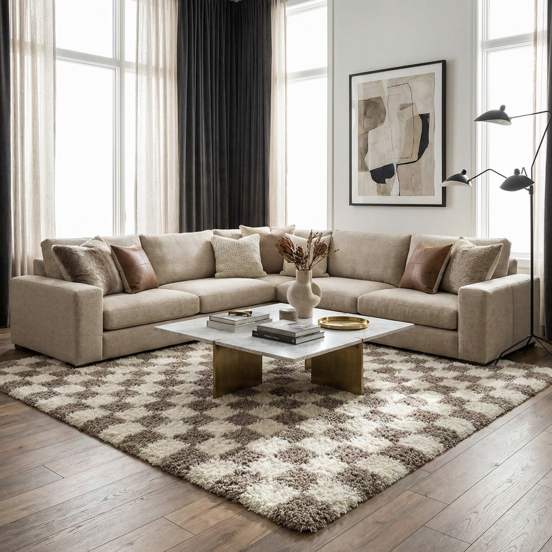 Brown checkered area rug from Boutique Rugs featuring a stylish geometric pattern and soft texture.