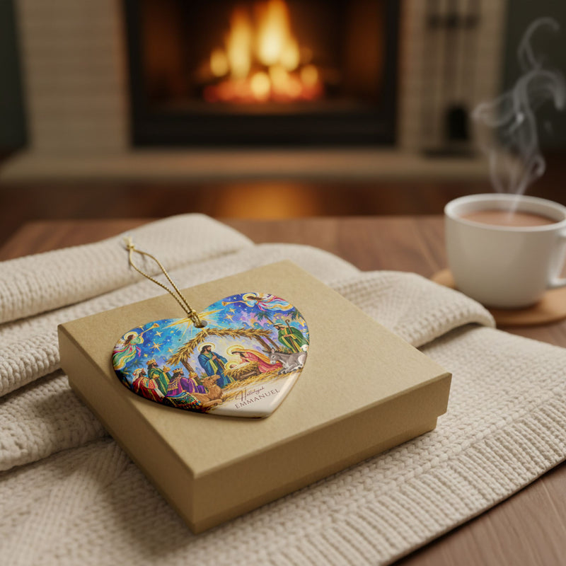 Heart-shaped ceramic nativity scene ornament, festive Christmas home decor by Printify, featuring detailed religious figures.