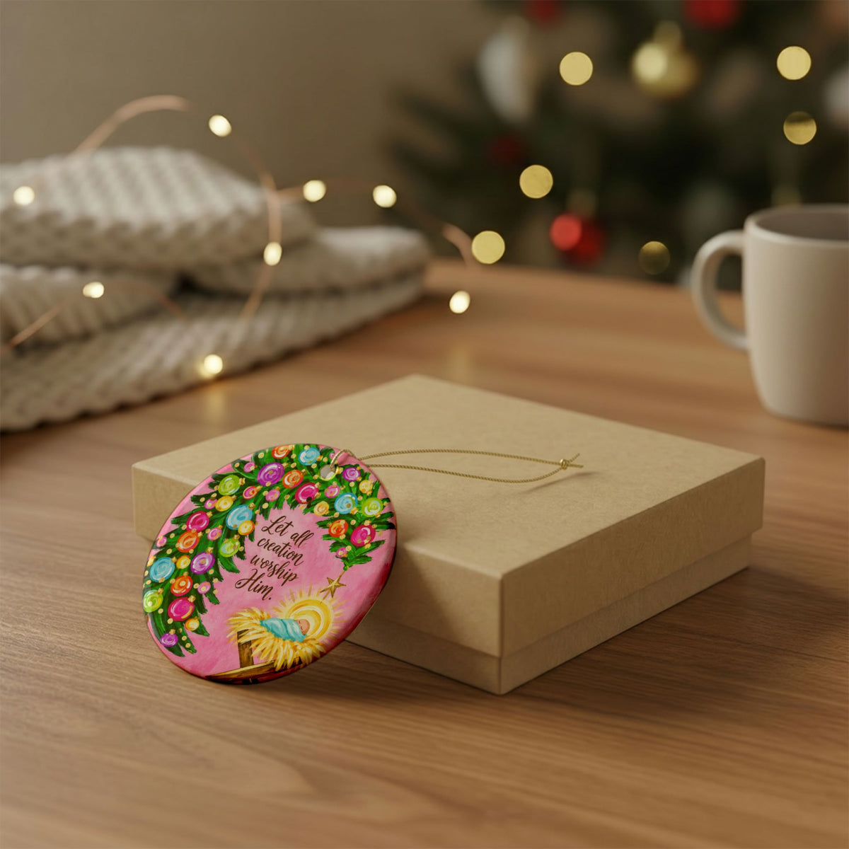 Ceramic Christmas ornament with nativity scene and "Let All Creation Worship Him" inscription, ideal as holiday home decor.