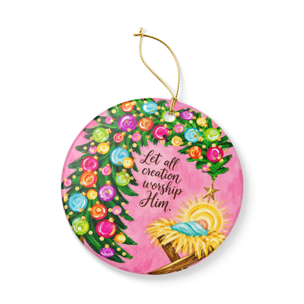 Ceramic Christmas ornament featuring a nativity scene with "Let All Creation Worship Him" text, ideal for holiday home decor.