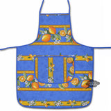 Blue cotton French kitchen apron with lemon print from Tissus Toselli, ideal for cooking and baking.