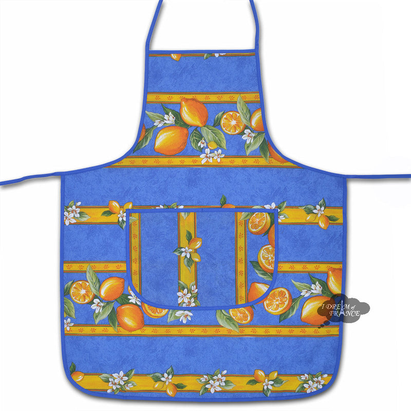 Blue cotton French kitchen apron with lemon print from Tissus Toselli, ideal for cooking and baking.