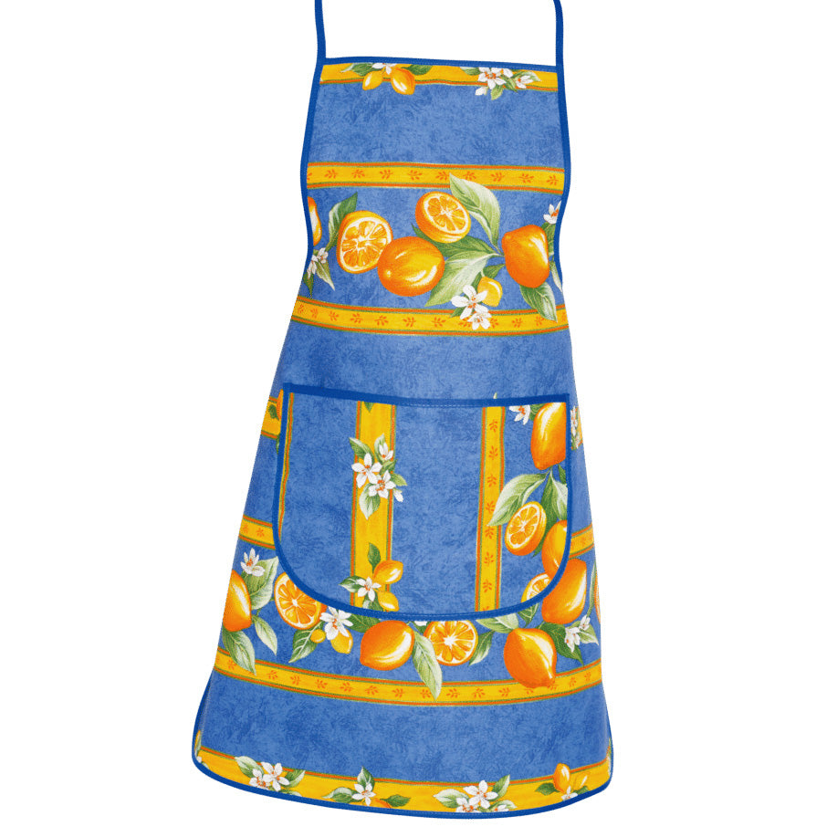 Blue cotton French kitchen apron with lemon print by I Dream of France, designed by Tissus Toselli.
