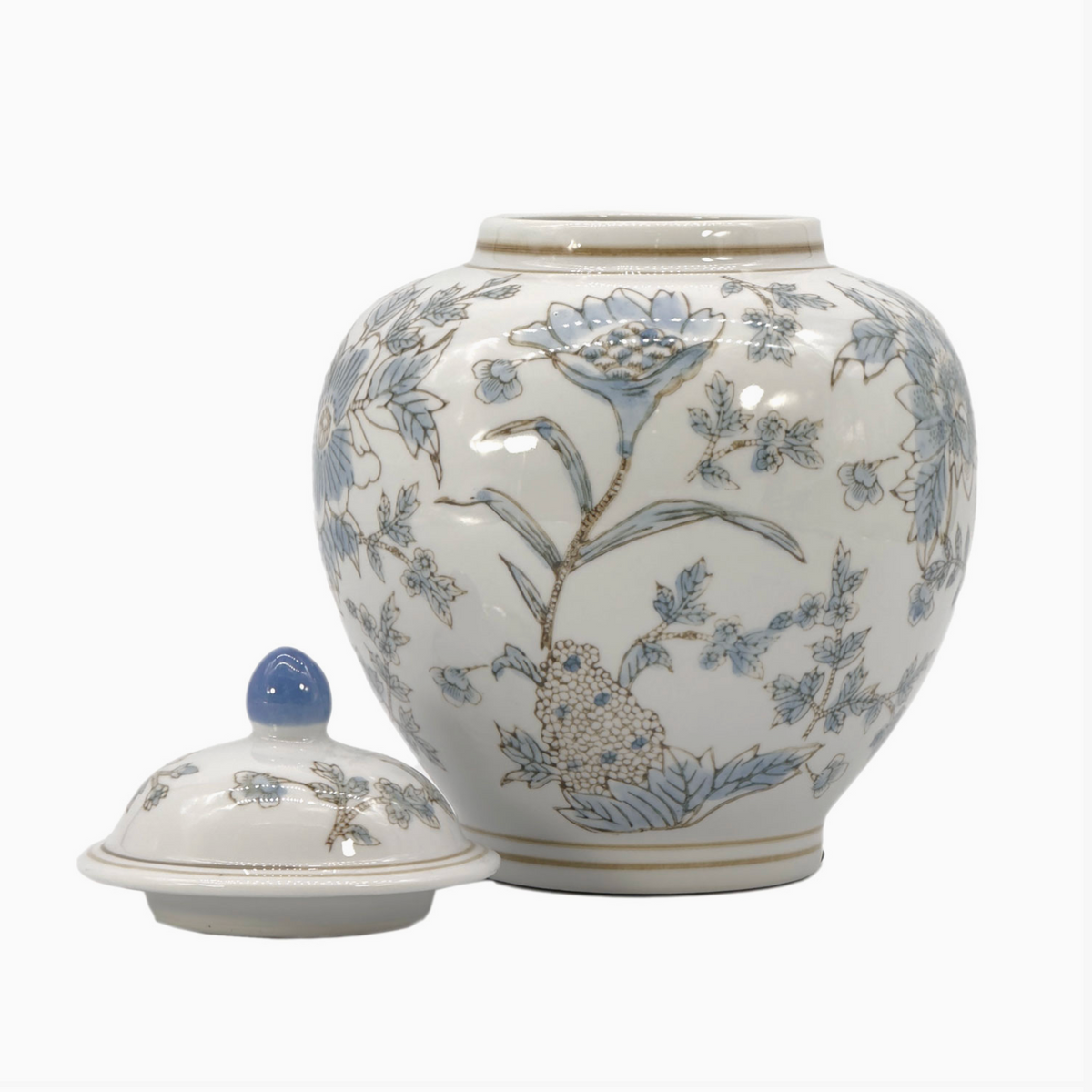 White and blue ceramic Chinoiserie floral jar vase, 10 inches tall, with intricate floral patterns and traditional Asian design.