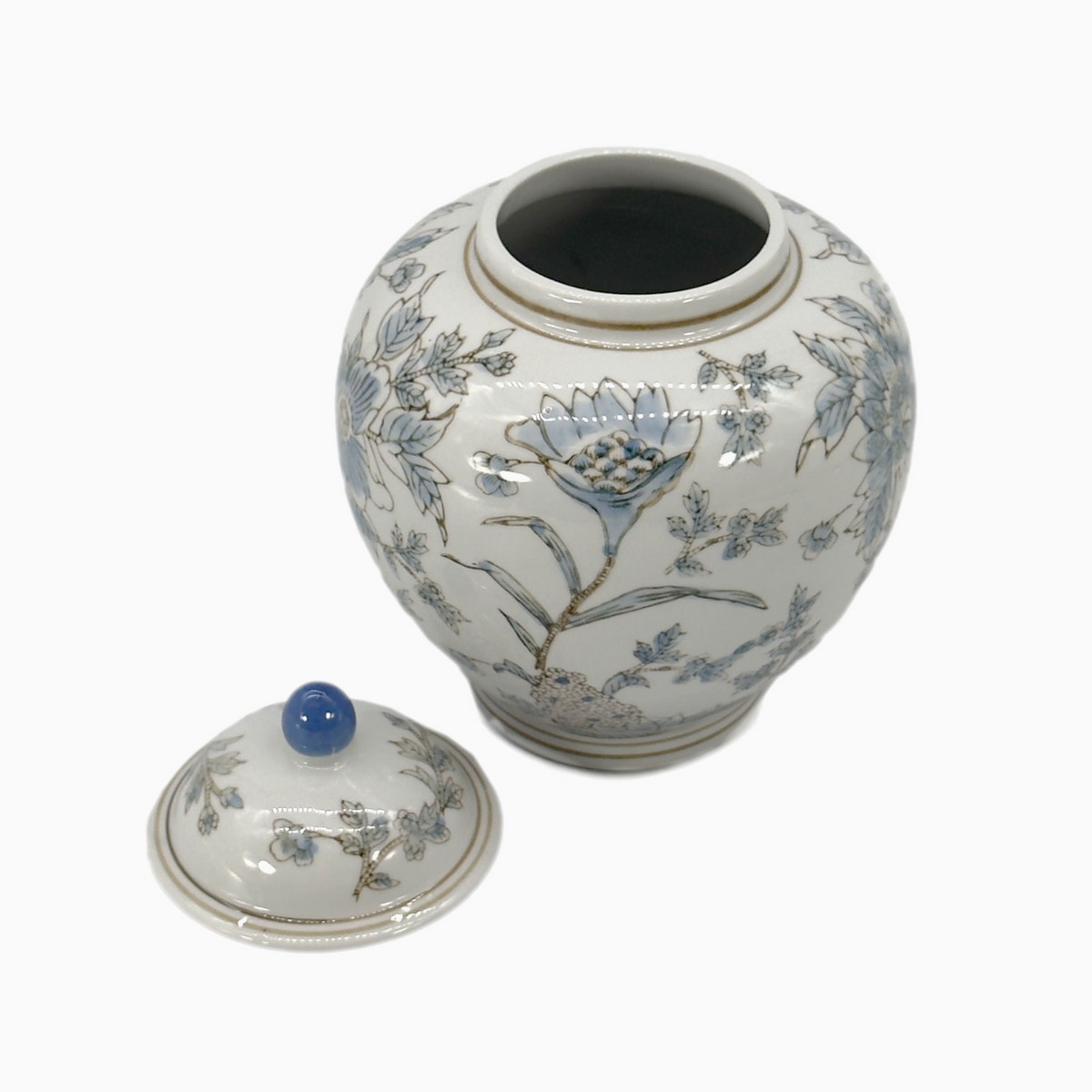 White and blue ceramic Chinoiserie floral vase, 10-inch decorative jar with intricate floral patterns.