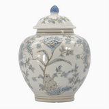 White and blue ceramic chinoiserie floral vase, 10-inch decorative jar with intricate floral patterns from Shop Holly J Home.