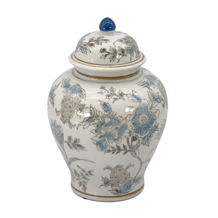 White and blue floral ceramic Chinoiserie vase, 12-inch decorative jar with intricate floral patterns, perfect for elegant home decor.