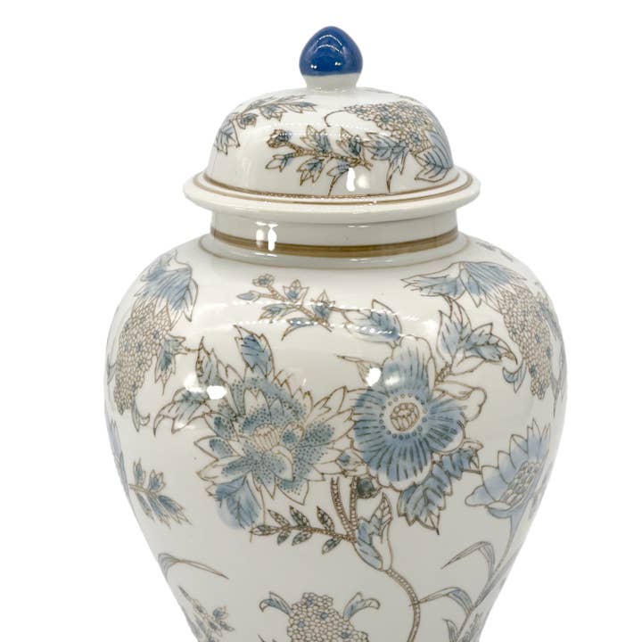 White and blue floral ceramic Chinoiserie vase, 12-inch decorative jar with intricate patterns, ideal for elegant home decor.