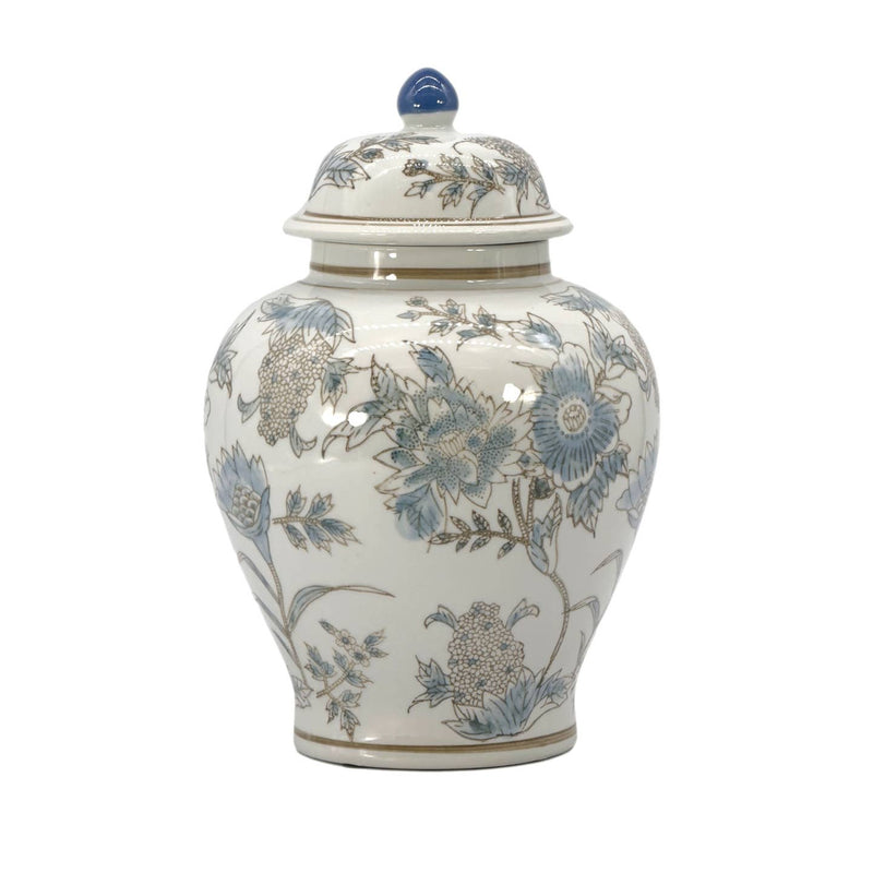 White and blue floral ceramic Chinoiserie vase, 12-inch decorative jar with intricate floral patterns.
