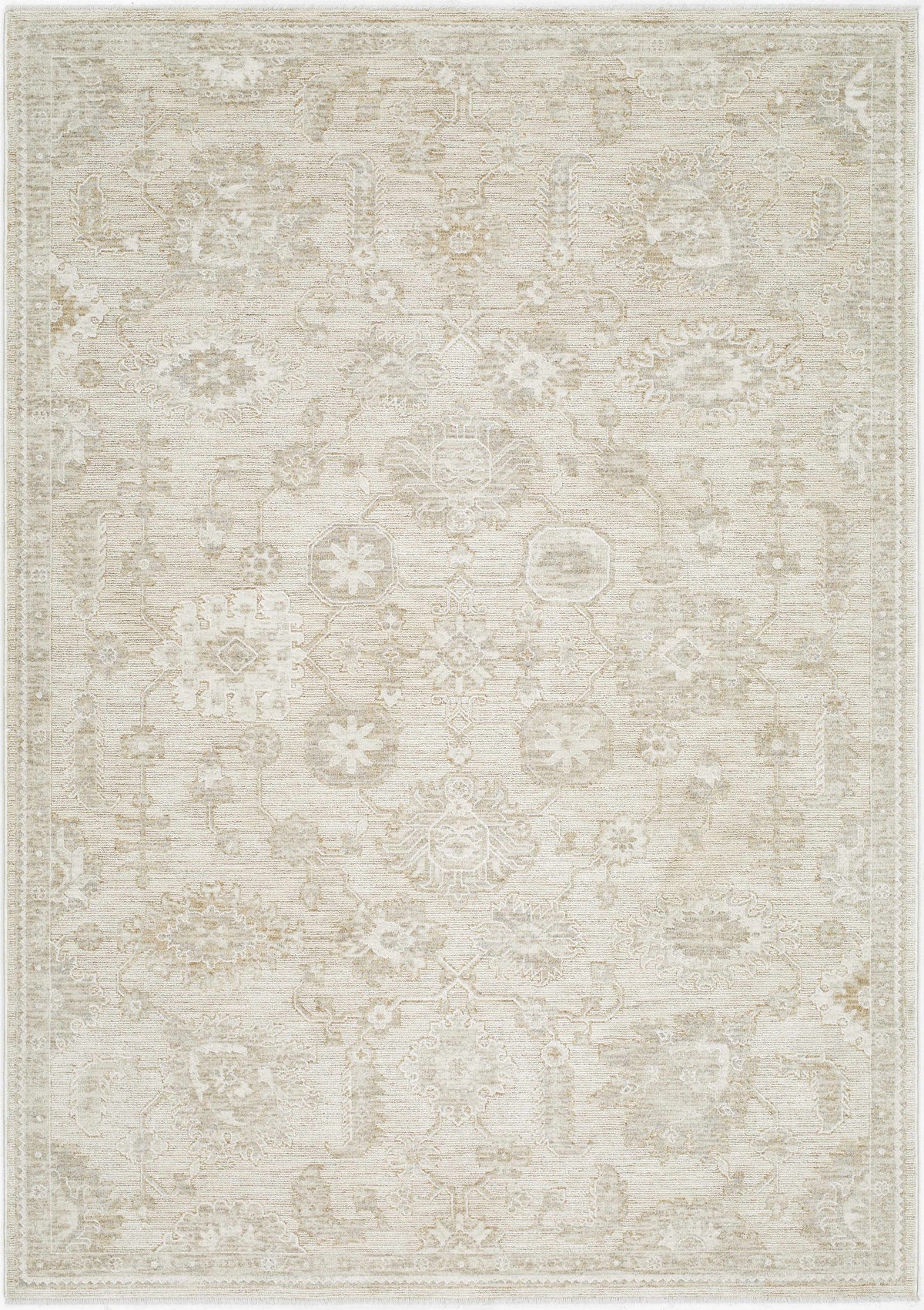 Soft beige Yonca Luxe Rug by Boutique Rugs with intricate patterns, showcasing its plush texture and elegant design.